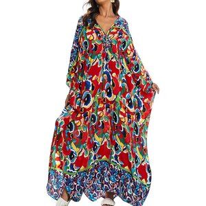 Women's Red Splatter V-neck Batwing Sleeve Flowy Split Hem Bohemian Kaftan Dress